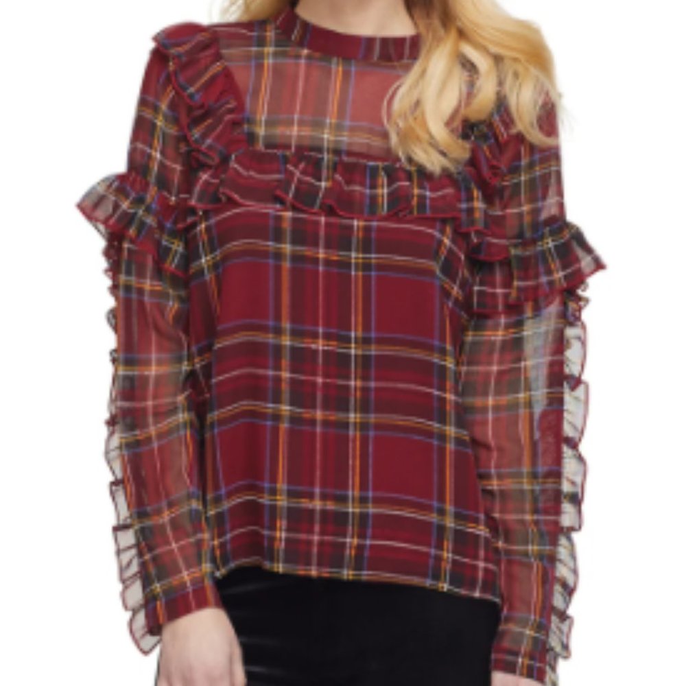 Mud Pie Ramona Red Plaid Ruffle Top Casual Blouse NWT